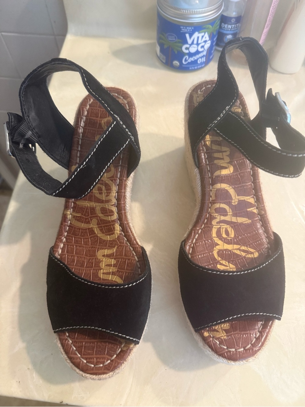 Sam Edelman Black Suede Ankle-Strap Espadrille Wedge Sandals